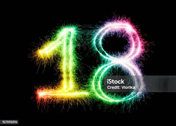 Sparkling Number 18 Stock Photo - Download Image Now - Anniversary, Black Background, Black Color