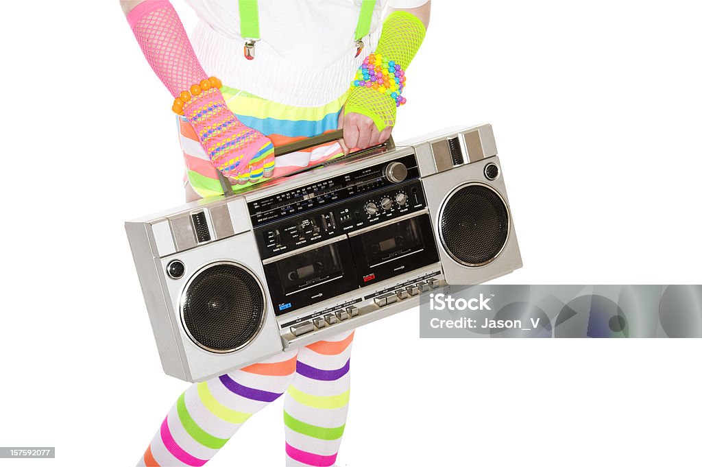 Chica sosteniendo un ghetto blaster - Foto de stock de Color neón libre de derechos