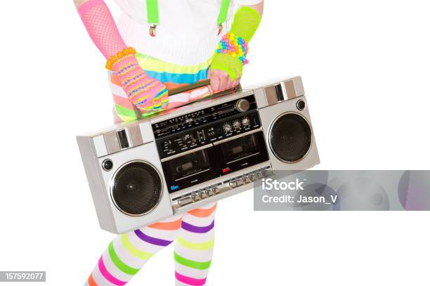 Chica Sosteniendo Un Ghetto Blaster Foto de stock y más banco de imágenes de Color neón - Color neón, Iluminación de neón, Mujeres