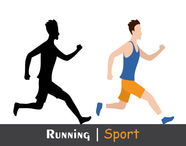 Running fat man and his silhouette. Active people, fitness, sports movement. Side view. Vector in flat design Running fat man and his silhouette. Active people, fitness, sports movement. Side view. Vector illustration in flat design. blurred motion people walking stock illustrations