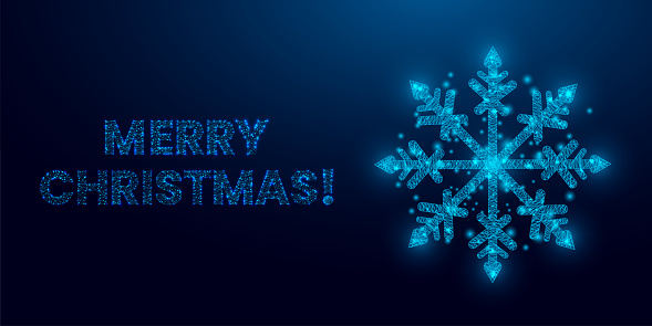 Snowflake, wireframe low poly style design. Merry Christmas and New Year concept. Wireframe glowing low poly design on a blue background. Abstract futuristic vector illustration