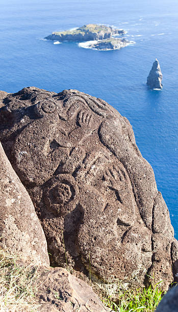 Archaeological site with petroglyph of birdman easter Island Chile