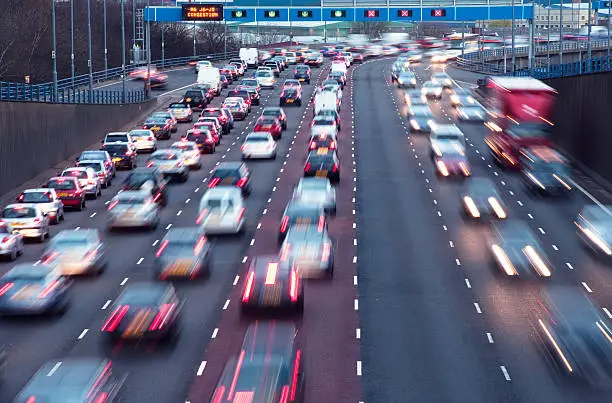 Rush hour on the A38(M)urban motorway at Aston, Birmingham, UK.