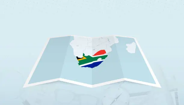 Vector illustration of Map of South Africa with the flag of South Africa in the contour of the map on a trip abstract backdrop.