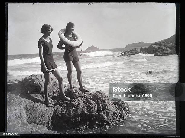 Girls At The Seaside Vintage Photograph Stock Photo - Download Image Now - Old-fashioned, Retro Style, Photography