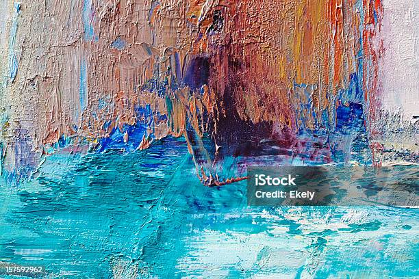 Abstrato Arte Pintada De Fundo Azul E Laranja - Fotografias de stock e mais imagens de Azul - Azul, Pintura a Óleo - Imagem pintada, Abstrato