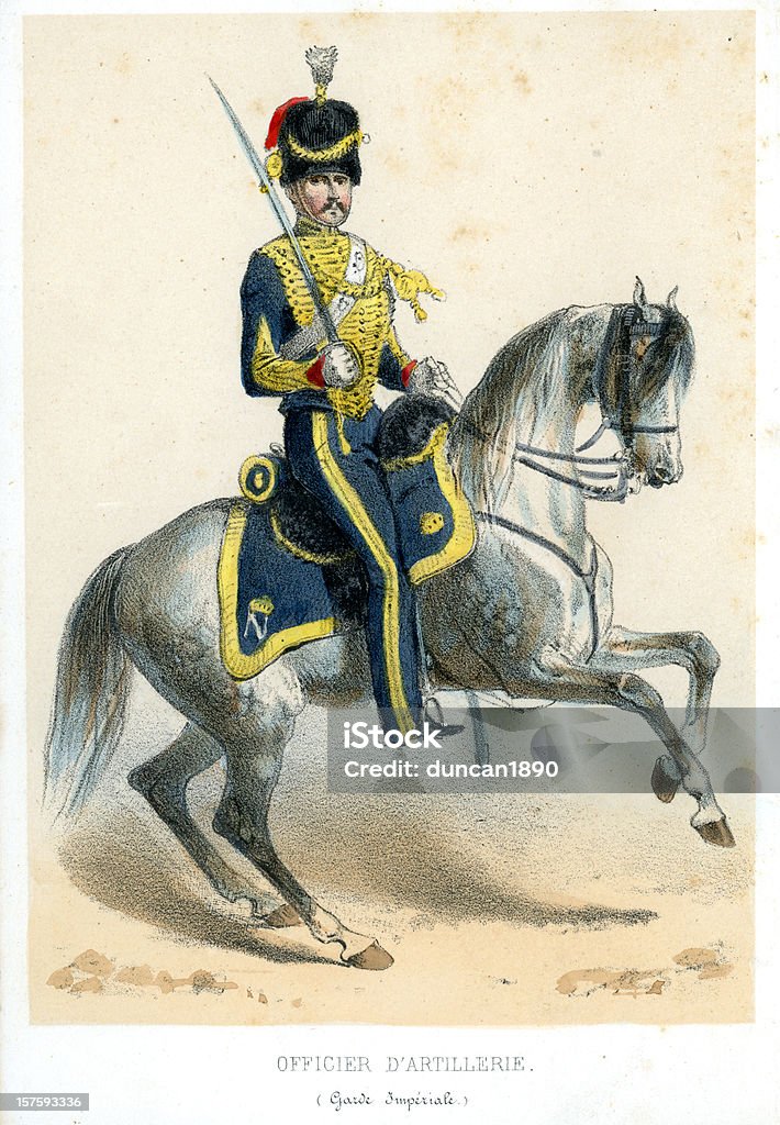French soldiers of the 19th century Vintage colour engraving of French soldiers of the Second French Empire in the mid 19th century. An artillery officer on horseback. Cavalier - Cavalry stock illustration
