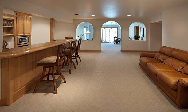 Large Finished Carpeted Basement With Bar