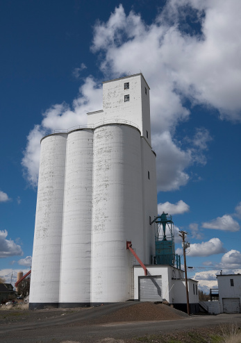 White grain elevators against a blue sky background.