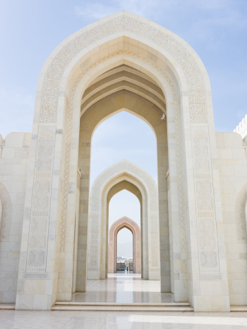 An arch with patterns in Arabic style with a white background.Decorative element in architecture.