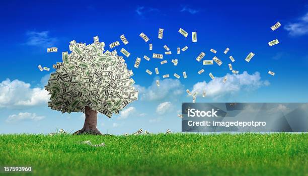 Falling Dollar Bills From Money Tree Stock Photo - Download Image Now - Money Doesn't Grow On Trees, Currency, Tree