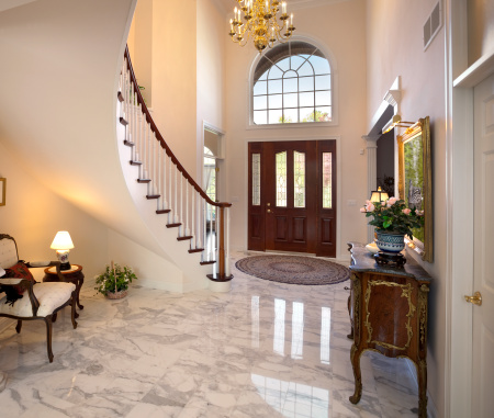 Grand Foyer; Staircase, Chandelier, Marble Floor Showcase Home Interior Design