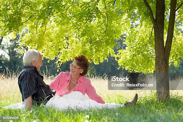 Photo libre de droit de Loving Couple Âgé Assis Dans Lherbe Sous La Canopée banque d'images et plus d'images libres de droit de Ombre