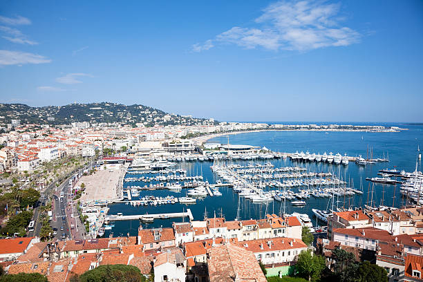 view of Cannes view of Cannes from the castle, location Cannes, France. floating platform stock pictures, royalty-free photos & images