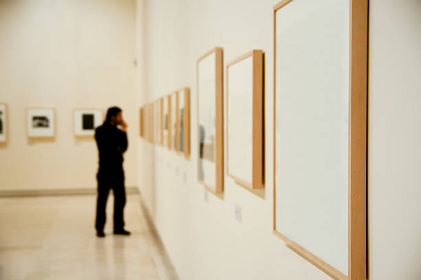 Art gallery Art gallery with insignificant man out of focus fine art painting photos stock pictures, royalty-free photos & images