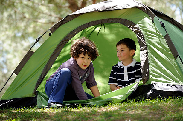 istock Two young boys in a green tent while camping  157594169