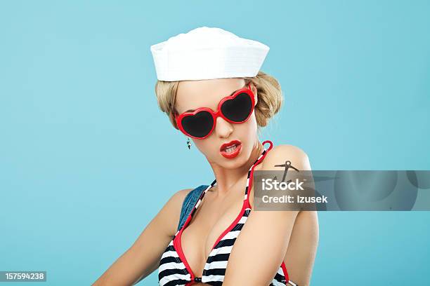 Pinup Style Sailor Woman With Sunglasses Stock Photo - Download Image Now - Sailor, Tattoo, Women