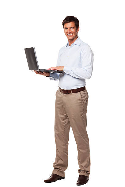 istock Handsome Businessman Holding Laptop. Isolated 157594251