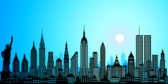 Twin Towers and New York City skyline. All buildings are moveable and complete.