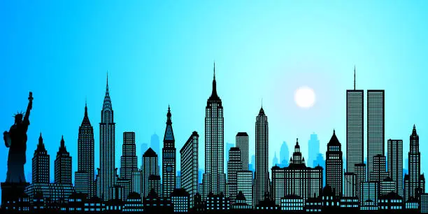 Vector illustration of Twin Towers and New York City Skyline (All Buildings Are Moveable and Complete)