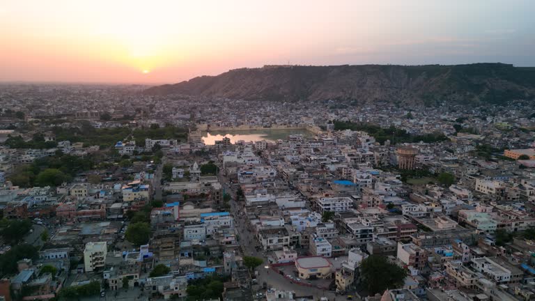 Jaipur, India: Aerial view of capital and largest city of Rajasthan at sunset - landscape panorama of South Asia from above