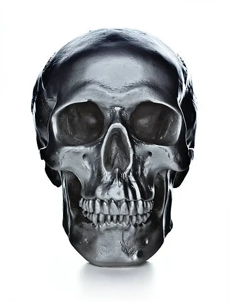 front view of a fake plastic human skull with metallic painting isolated on white background