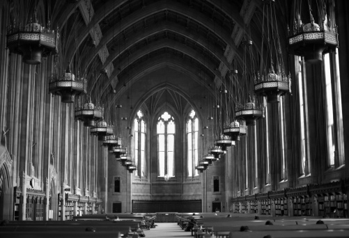 Inside of Old Christian School. Black and White Image. Study Hall in an Educational Building.