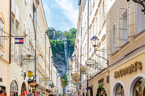 Salzburg, Austria, 07/28/2018 - Getreidegasse is a shopping street in the historic Altstadt (Old Town) of Salzburg, Austria