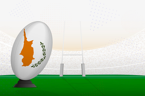 Cyprus national team rugby ball on rugby stadium and goal posts, preparing for a penalty or free kick. Vector illustration.