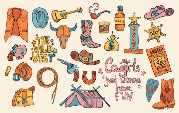 A set of elements of a cowboy theme. Vector illustration, doodle. Includes elements such as a wanted list, a sheriff s badge, a revolver, a horseshoe, alcohol, a bag of days, a smoking pipe, and a road sign A set of elements of a cowboy theme. Vector illustration, doodle. Includes elements such as a wanted list, a sheriff s badge, a revolver, a horseshoe, alcohol, a bag of days, a smoking pipe, and a road sign. theme wild wild west stock illustrations