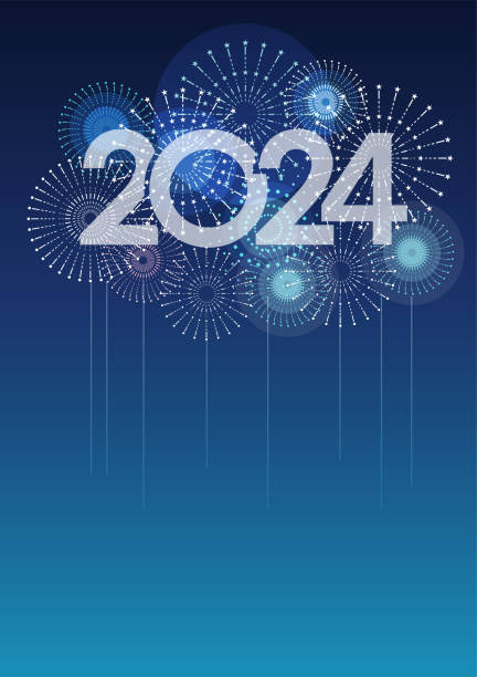 das jahr 2024 vektorlogo und feierliches feuerwerk mit textraum auf blauem hintergrund. - neujahr stock-grafiken, -clipart, -cartoons und -symbole
