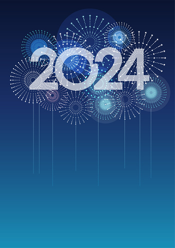 The Year 2024 Logo And Fireworks With Text Space On A Blue Background. Vector illustration Celebrating The New Year.