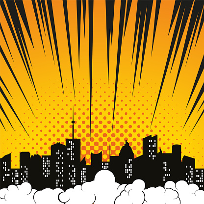 Comic background with city silhouette skyline cloud and burst rays. Vector pop art illustration.