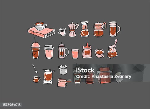 istock Set of coffee elements, kettle, mug and cups . Trending vector doodle illustrations for coffee shop and restaurant menu. Hand drawn coffee shop design concept and coffee break icons. Menu line art. 1575964018