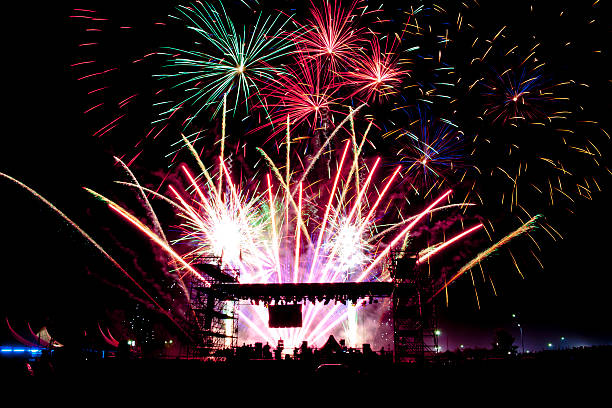 Colorful Vivid Fireworks Over the Stage of a Concert stock photo