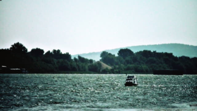 Boat on Danube - retro, 1950's old camera footage