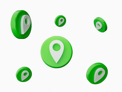 3d Six White Location Map Pin Symbol With Rounded Green Icons Flying In The Air 3d illustration