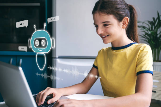 Child using system AI Chatbot in computer or mobile application. Chatbot conversation, Ai Artificial Intelligence technology. OpenAI generate. Futuristic technology. Virtual assistant on internet. stock photo