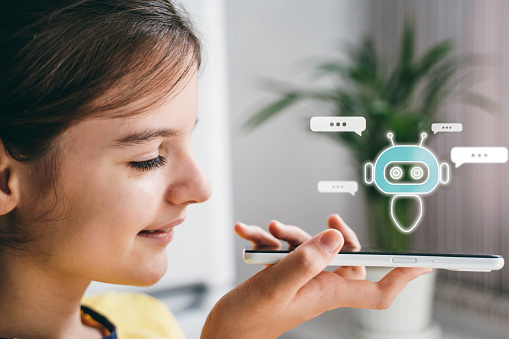 Child using system AI Chatbot in computer or mobile application. Chatbot conversation, Ai Artificial Intelligence technology. OpenAI generate. Futuristic technology. Virtual assistant on internet.