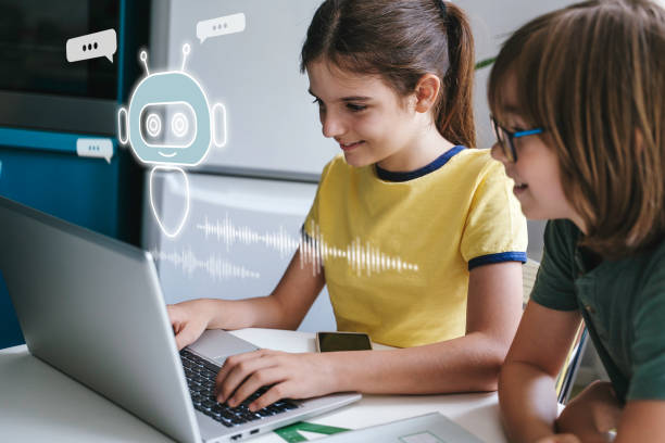 Children using system AI Chatbot in computer or mobile application. Chatbot conversation, Ai Artificial Intelligence technology. OpenAI generate. Futuristic technology. Virtual assistant on internet. stock photo