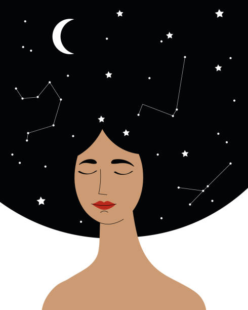 istock Sleeping woman vector illustration on isolated white background. Character with long hair, decorated with moon, stars, constellations, flat illustration about sleep, magic, horoscope, lifestyle health 1575993280