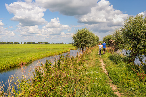 Unidentified young man and woman walking on a narrow path between trees and water on both sides in a Dutch nature reserve. It is a sunny day with some clouds in the blue sky in summer season.