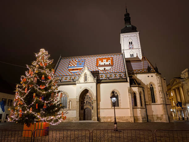 St. Mark's church in Zagreb, Croatia with Christmas tree at night