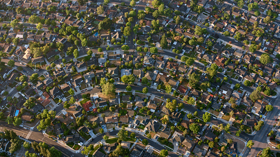 Aerial view of suburban neighbourhood near San Jose, California, USA.