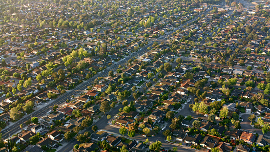 Aerial view of suburban tract housing development, Mountain View, California, USA.