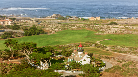 Aerial view of Point Pinos Lighthouse in Pacific Grove, Monterey County, California, USA.