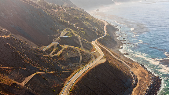 Aerial view of Mud Creek landslide on Big Sur coast during sunny day, California, USA.