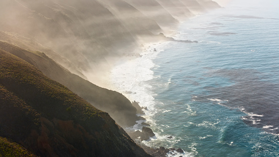 Aerial view of Graves Canyon coastline in Big Sur, California, USA.