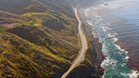 Aerial view of Mud Creek landslide on Big Sur coast during sunny day, California, USA.