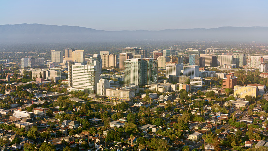 Aerial view of modern skyscraper buildings in San Jose, California, USA.